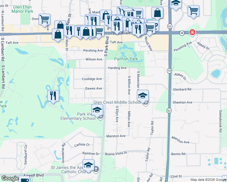 map of restaurants, bars, coffee shops, grocery stores, and more near in Glen Ellyn