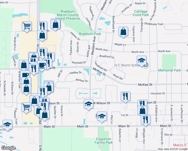 map of restaurants, bars, coffee shops, grocery stores, and more near 1359 Spencer Lane in Batavia