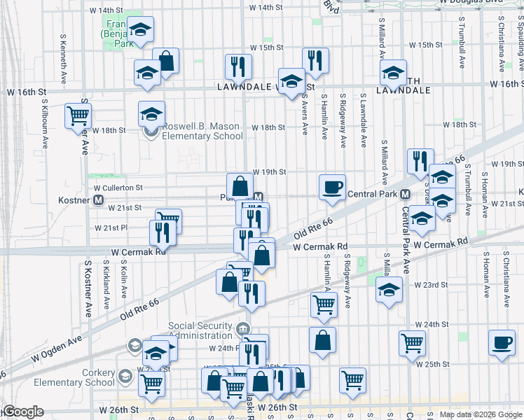 map of restaurants, bars, coffee shops, grocery stores, and more near 2100 South Harding Avenue in Chicago