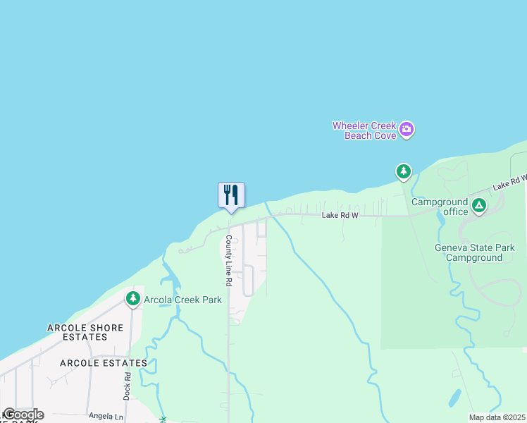 map of restaurants, bars, coffee shops, grocery stores, and more near 6785 Lake Road West in Geneva