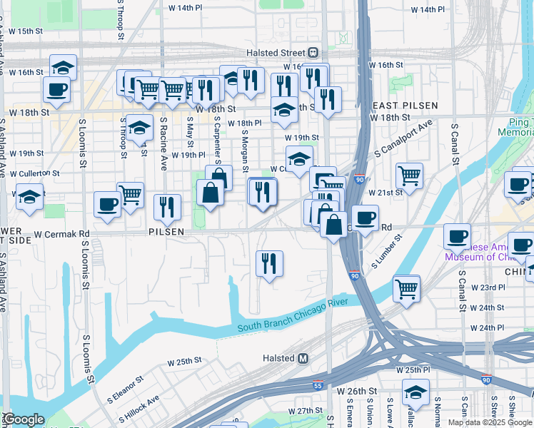 map of restaurants, bars, coffee shops, grocery stores, and more near 926 West Cermak Road in Chicago