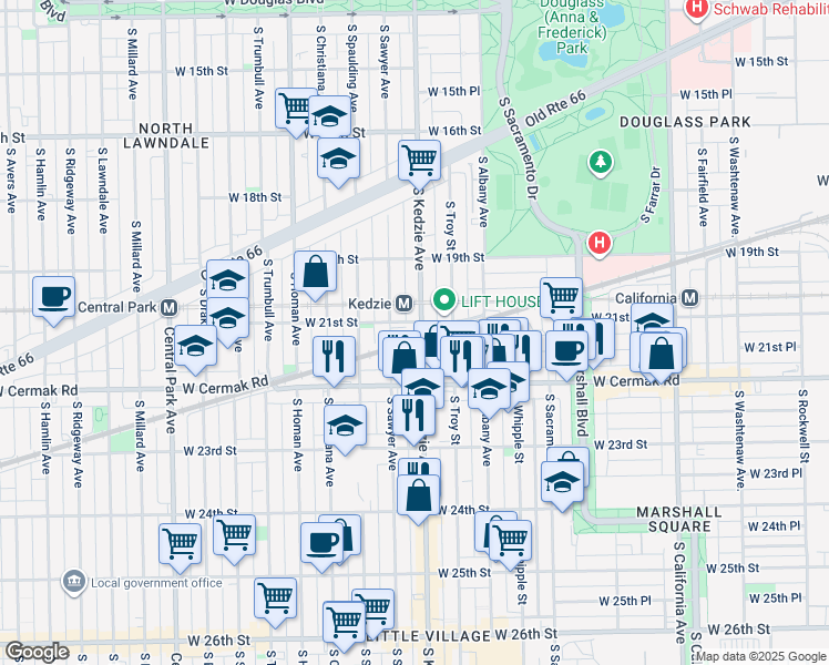 map of restaurants, bars, coffee shops, grocery stores, and more near 2123 South Kedzie Avenue in Chicago