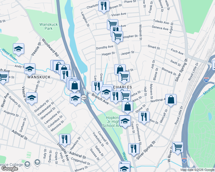 map of restaurants, bars, coffee shops, grocery stores, and more near 39 Opper Street in Providence