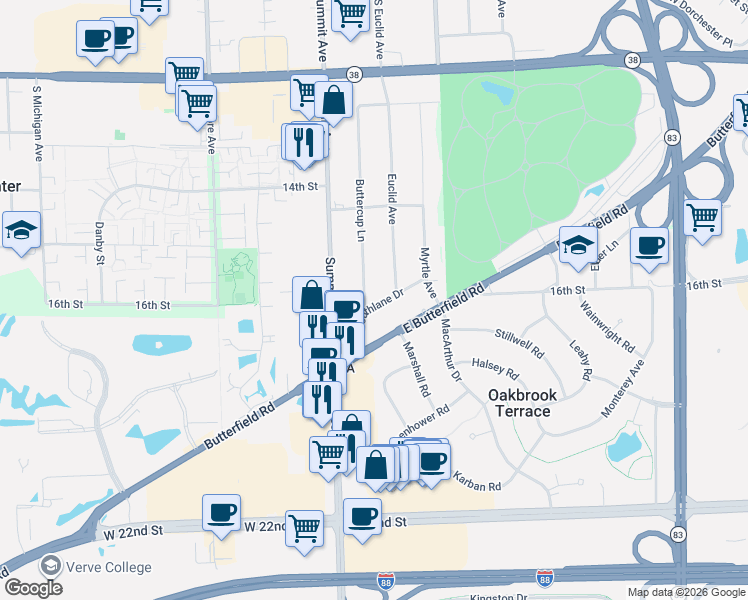 map of restaurants, bars, coffee shops, grocery stores, and more near 17W509 Southlane Drive in Villa Park