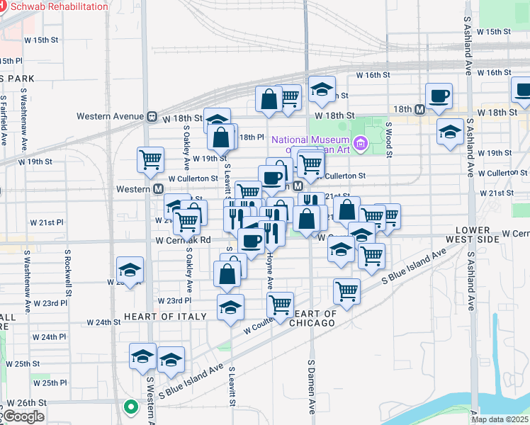 map of restaurants, bars, coffee shops, grocery stores, and more near 2104 West 21st Place in Chicago