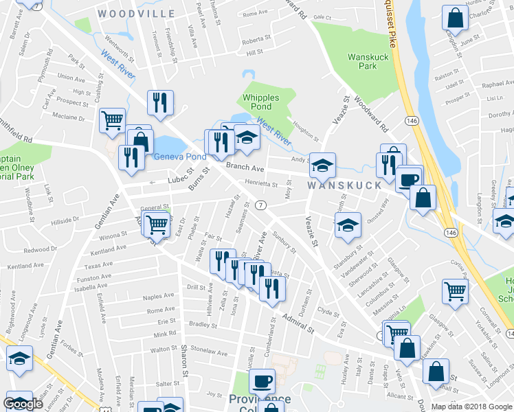 map of restaurants, bars, coffee shops, grocery stores, and more near 944 Douglas Avenue in Providence