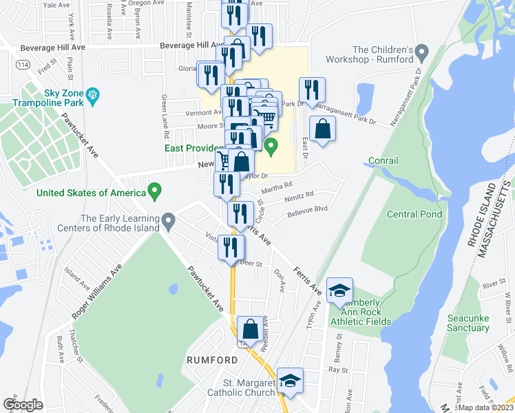 map of restaurants, bars, coffee shops, grocery stores, and more near 25 Circle Street in East Providence