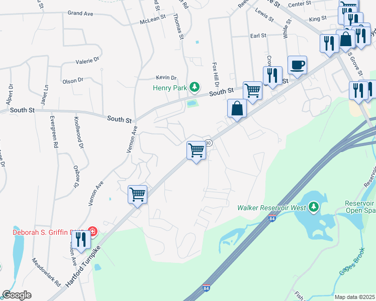 map of restaurants, bars, coffee shops, grocery stores, and more near 1085 Hartford Turnpike in Vernon