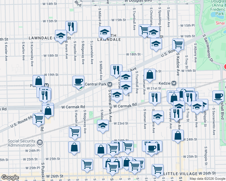 map of restaurants, bars, coffee shops, grocery stores, and more near 2116 South Drake Avenue in Chicago
