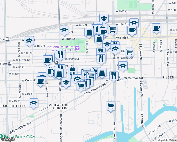 map of restaurants, bars, coffee shops, grocery stores, and more near 1754 West 21st Place in Chicago