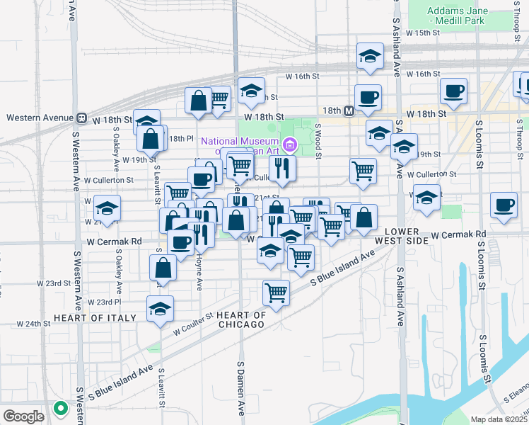 map of restaurants, bars, coffee shops, grocery stores, and more near 1956 West 21st Place in Chicago