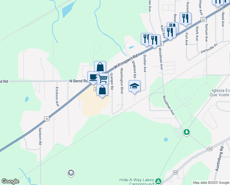 map of restaurants, bars, coffee shops, grocery stores, and more near 5933 Washington Boulevard in Ashtabula