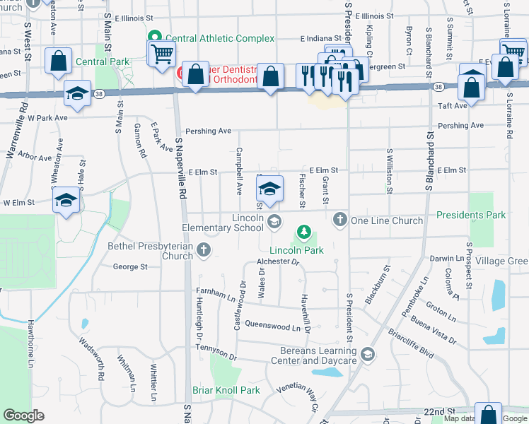 map of restaurants, bars, coffee shops, grocery stores, and more near 630 Dawes Avenue in Wheaton