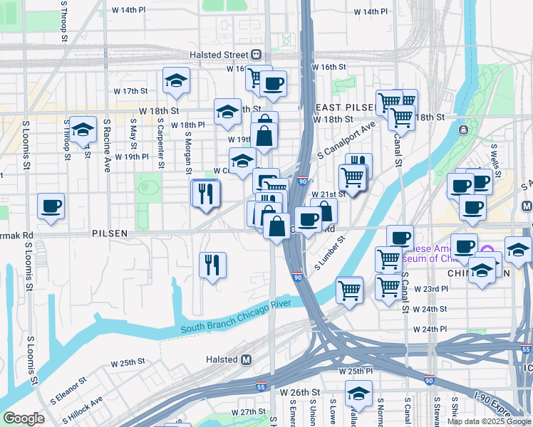 map of restaurants, bars, coffee shops, grocery stores, and more near 2143 South Halsted Street in Chicago