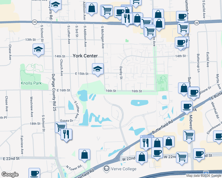 map of restaurants, bars, coffee shops, grocery stores, and more near 18W268 16th Street in Villa Park