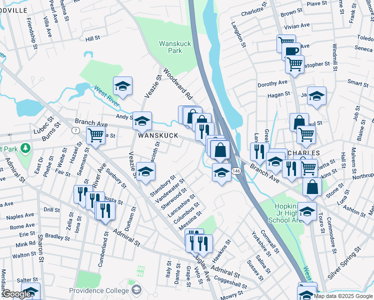map of restaurants, bars, coffee shops, grocery stores, and more near 134 Stansbury Street in Providence