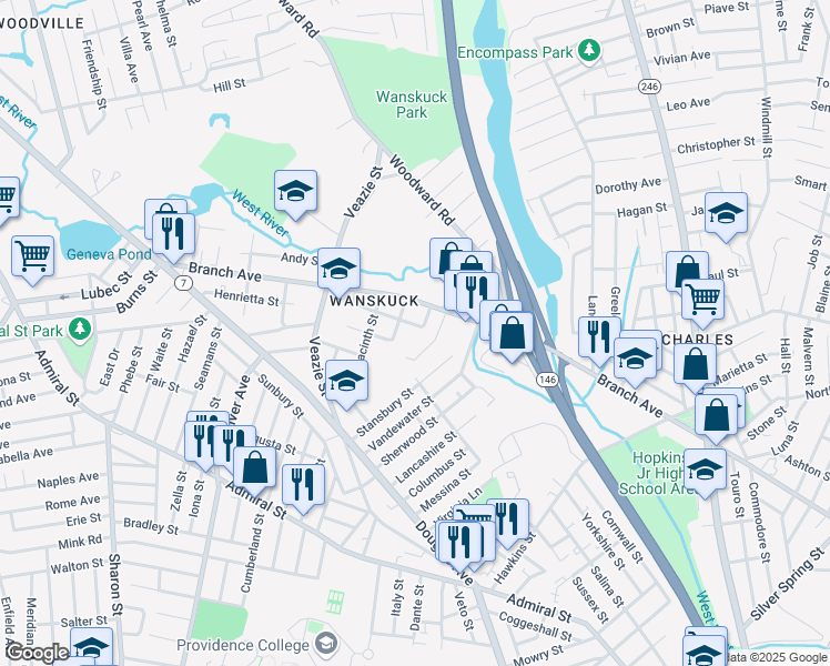 map of restaurants, bars, coffee shops, grocery stores, and more near 2 Olmsted Way in Providence