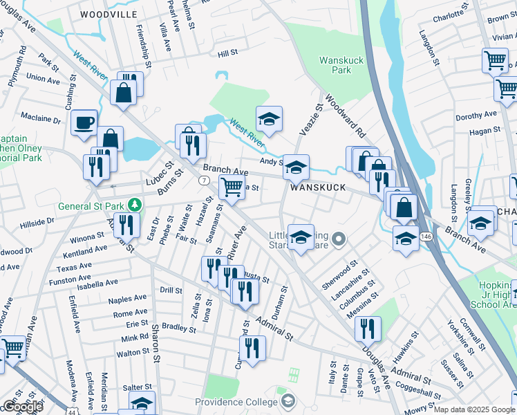 map of restaurants, bars, coffee shops, grocery stores, and more near 21 O Neil Street in Providence
