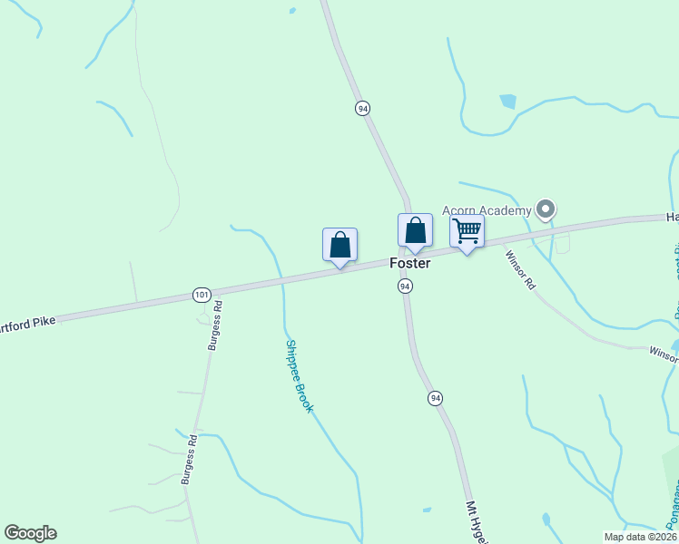 map of restaurants, bars, coffee shops, grocery stores, and more near 12 Hartford Pike in Foster