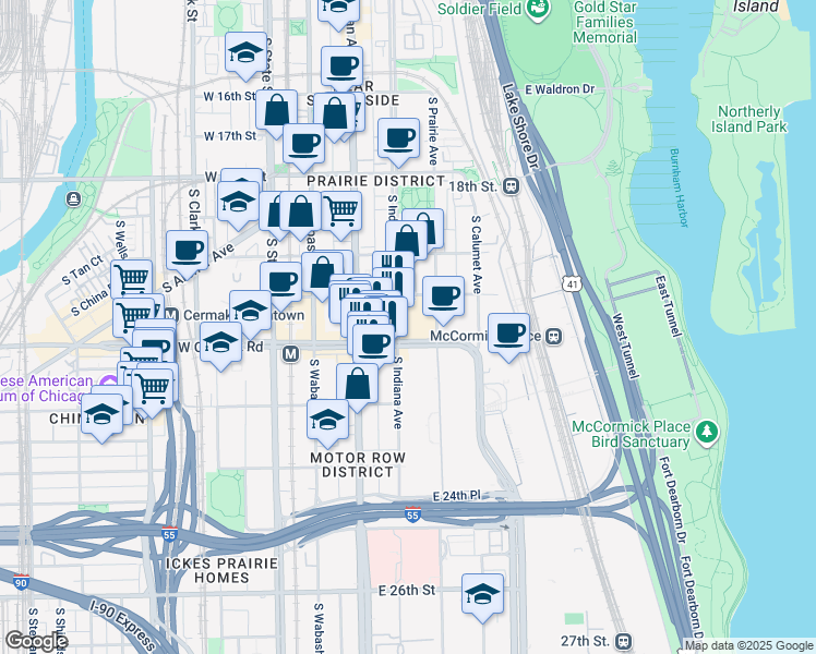 map of restaurants, bars, coffee shops, grocery stores, and more near 126 East Cermak Road in Chicago