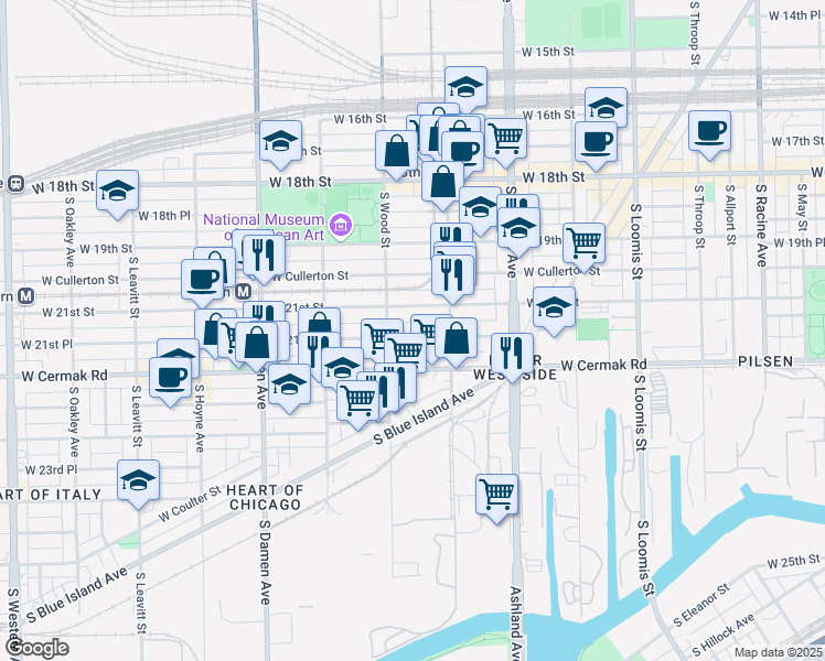 map of restaurants, bars, coffee shops, grocery stores, and more near 1800 West Cermak Road in Chicago