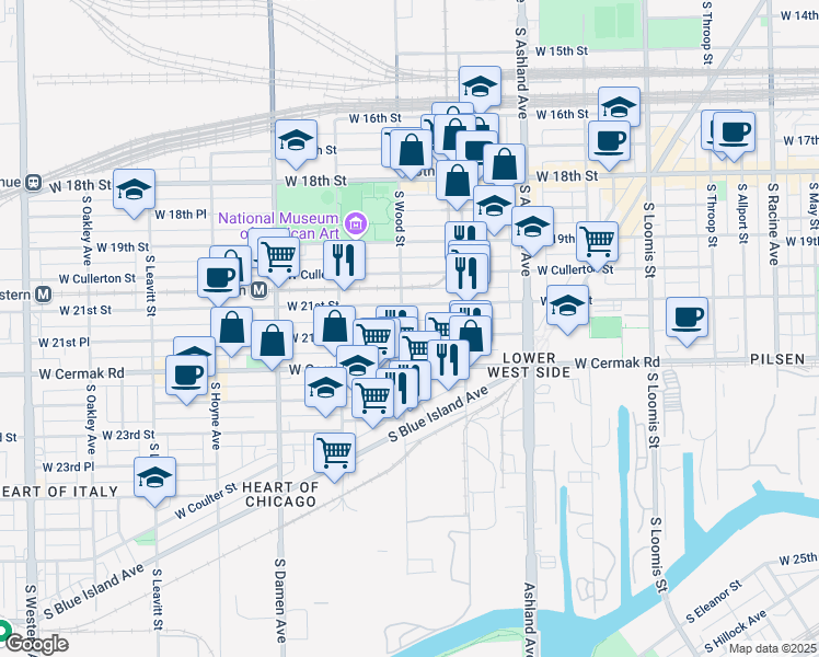 map of restaurants, bars, coffee shops, grocery stores, and more near 1751 West 21st Place in Chicago