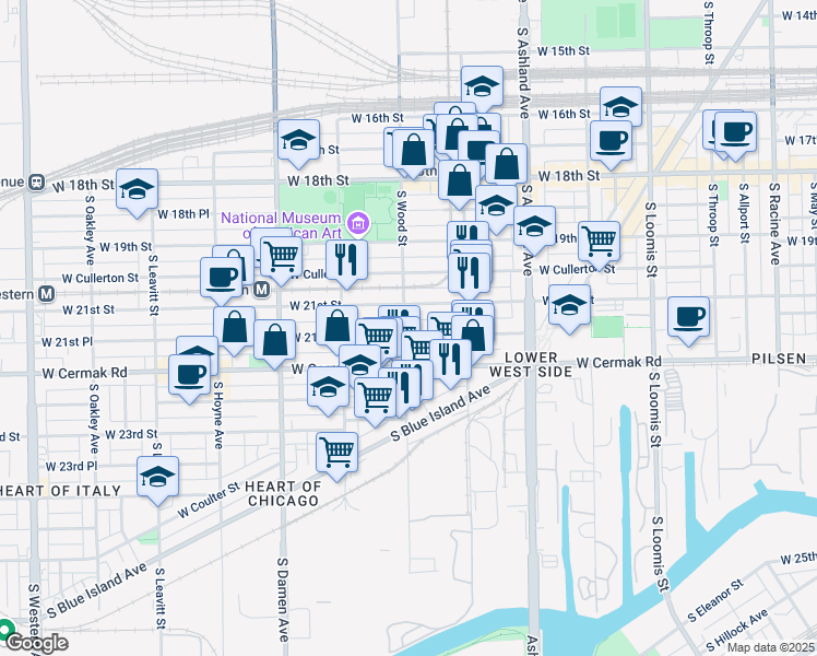 map of restaurants, bars, coffee shops, grocery stores, and more near 1800 West Cermak Road in Chicago