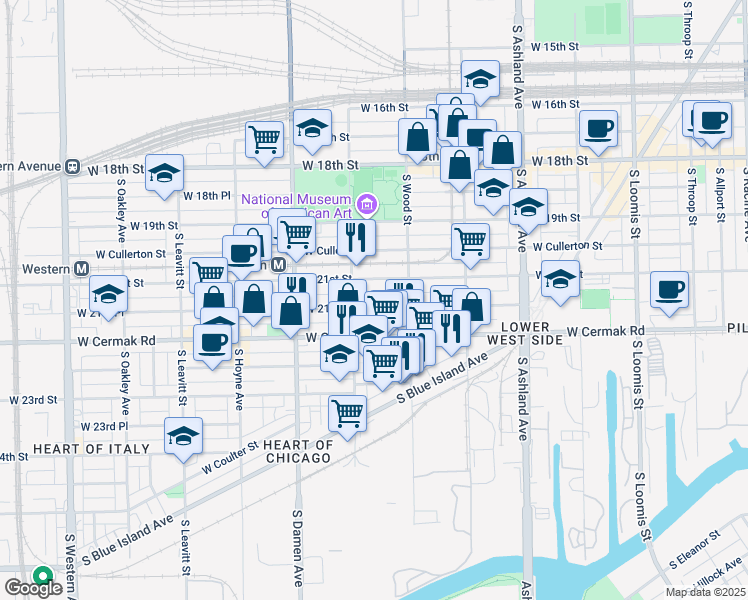 map of restaurants, bars, coffee shops, grocery stores, and more near 1823 West 21st Place in Chicago