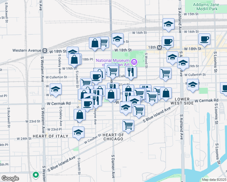 map of restaurants, bars, coffee shops, grocery stores, and more near 1956 West 21st Place in Chicago