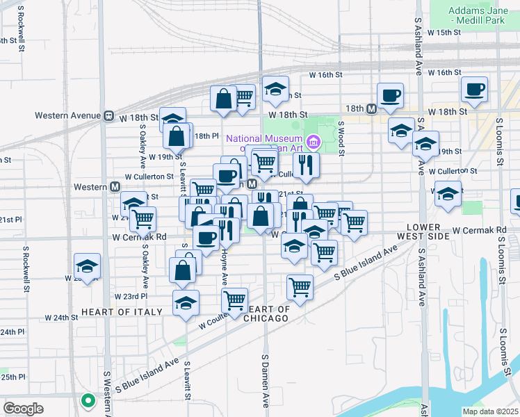 map of restaurants, bars, coffee shops, grocery stores, and more near 2015 West 21st Place in Chicago