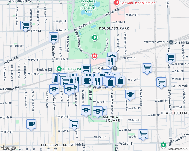 map of restaurants, bars, coffee shops, grocery stores, and more near 2117 South Marshall Boulevard in Chicago