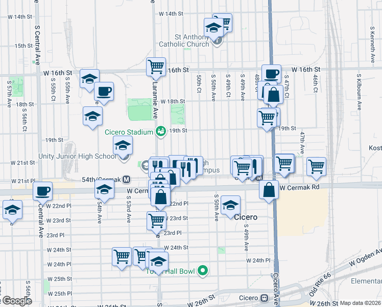 map of restaurants, bars, coffee shops, grocery stores, and more near 5033 West 21st Street in Cicero
