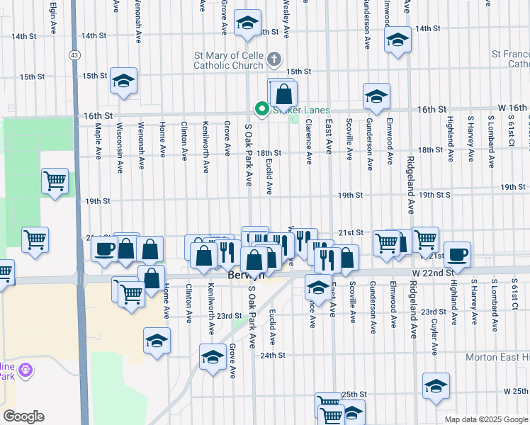 map of restaurants, bars, coffee shops, grocery stores, and more near 1929 Euclid Avenue in Berwyn