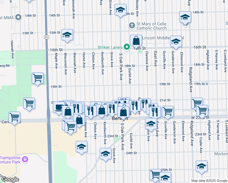 map of restaurants, bars, coffee shops, grocery stores, and more near 1928 Grove Avenue in Berwyn
