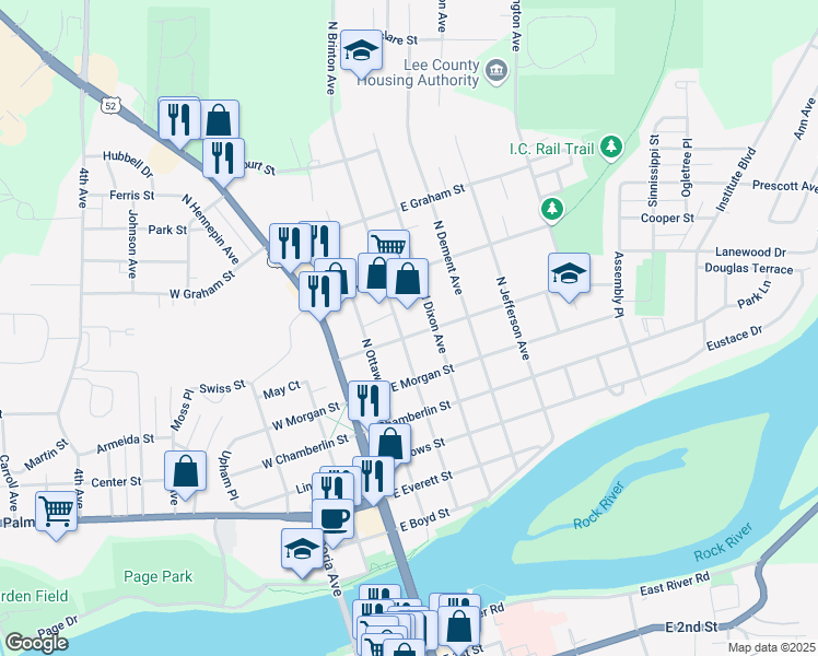 map of restaurants, bars, coffee shops, grocery stores, and more near 627 North Brinton Avenue in Dixon
