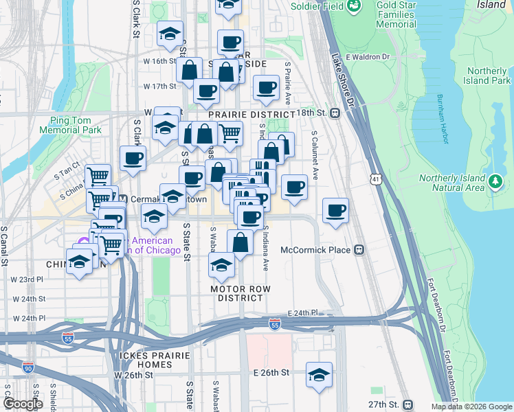 map of restaurants, bars, coffee shops, grocery stores, and more near 2128 South Indiana Avenue in Chicago