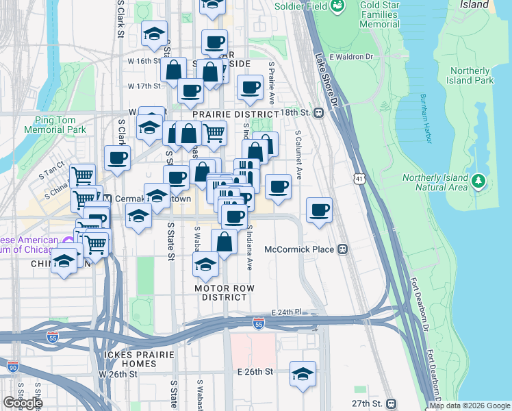 map of restaurants, bars, coffee shops, grocery stores, and more near 2139 South Indiana Avenue in Chicago