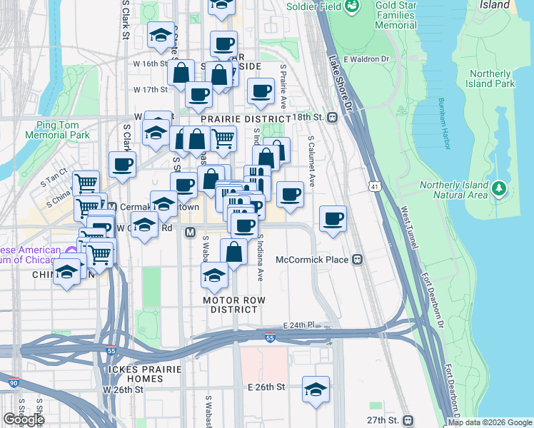 map of restaurants, bars, coffee shops, grocery stores, and more near 2157 South Indiana Avenue in Chicago