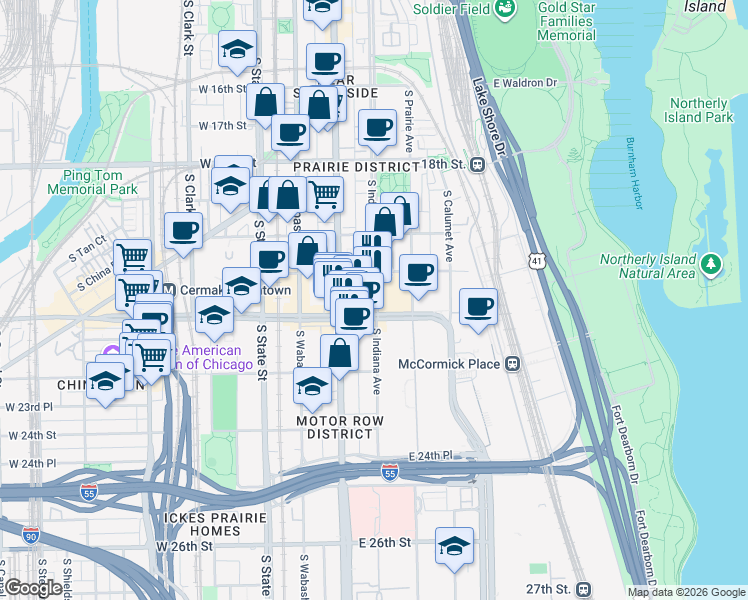 map of restaurants, bars, coffee shops, grocery stores, and more near 2152 South Indiana Avenue in Chicago