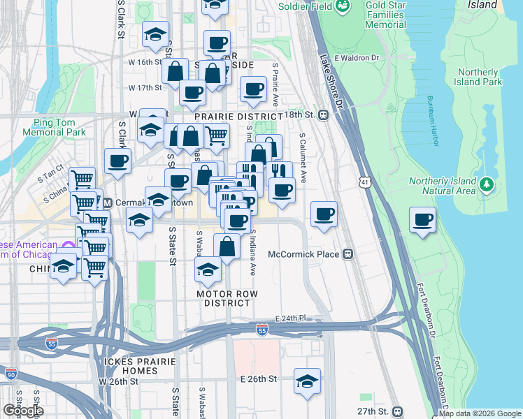 map of restaurants, bars, coffee shops, grocery stores, and more near 2141 South Indiana Avenue in Chicago