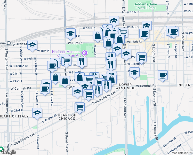 map of restaurants, bars, coffee shops, grocery stores, and more near 2115 South Wood Street in Chicago