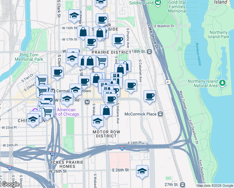 map of restaurants, bars, coffee shops, grocery stores, and more near 2156 South Indiana Avenue in Chicago