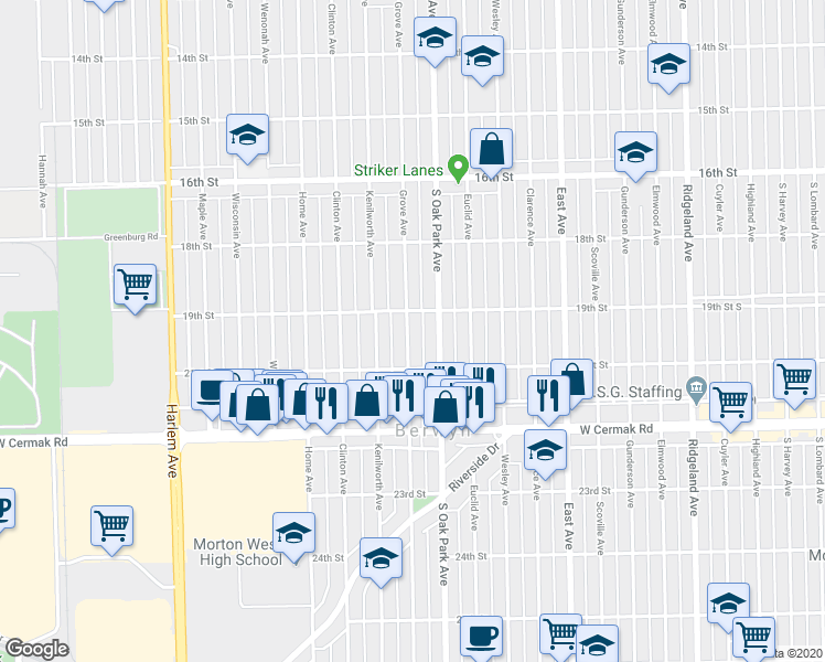 map of restaurants, bars, coffee shops, grocery stores, and more near 1928 Grove Avenue in Berwyn