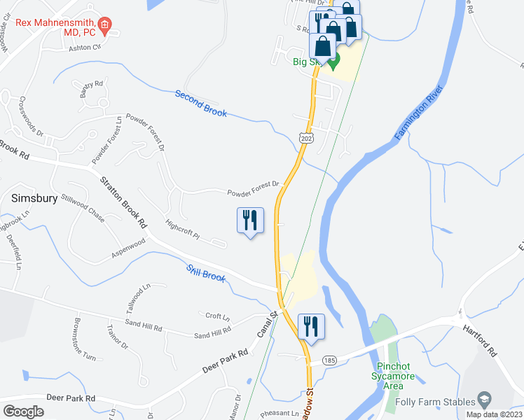 map of restaurants, bars, coffee shops, grocery stores, and more near 125 Powder Forest Drive in Simsbury