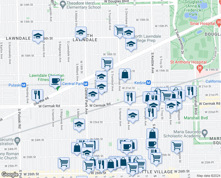 map of restaurants, bars, coffee shops, grocery stores, and more near 3435 West 21st Street in Chicago
