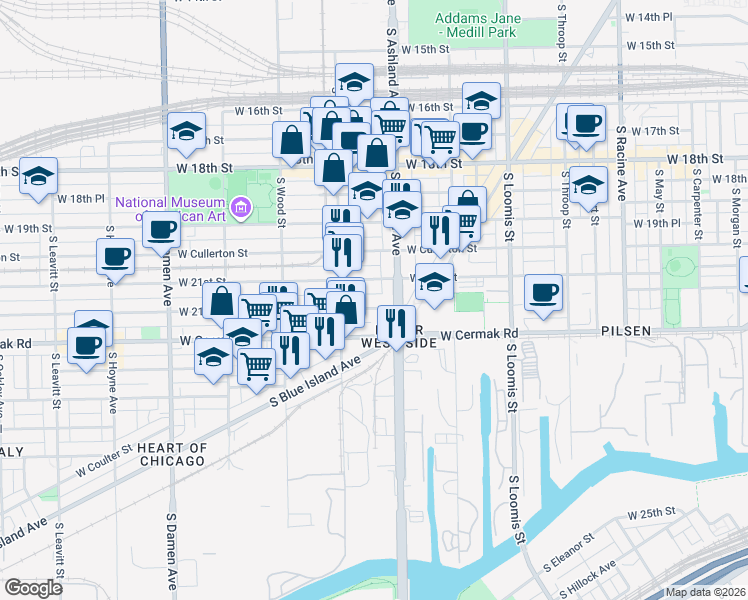 map of restaurants, bars, coffee shops, grocery stores, and more near 1633 West 21st Place in Chicago