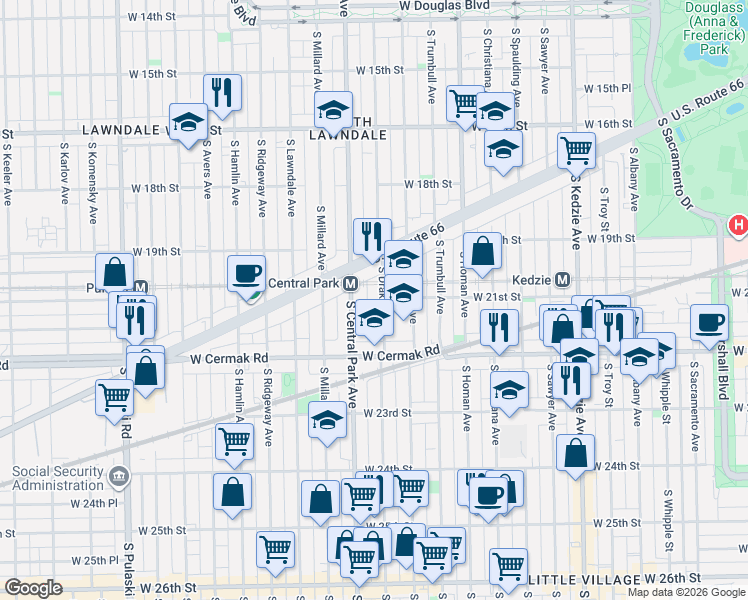 map of restaurants, bars, coffee shops, grocery stores, and more near 2100 South Drake Avenue in Chicago