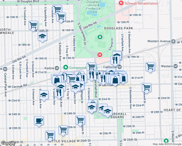 map of restaurants, bars, coffee shops, grocery stores, and more near 2100 South Marshall Boulevard in Chicago