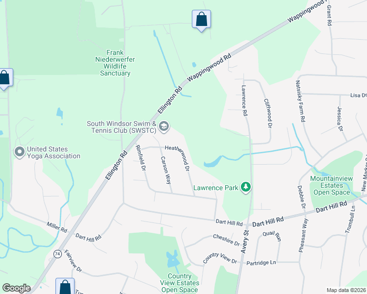 map of restaurants, bars, coffee shops, grocery stores, and more near 64 Heatherwood Drive in South Windsor
