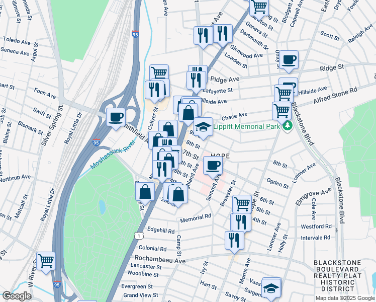 map of restaurants, bars, coffee shops, grocery stores, and more near 25 7th Street in Providence